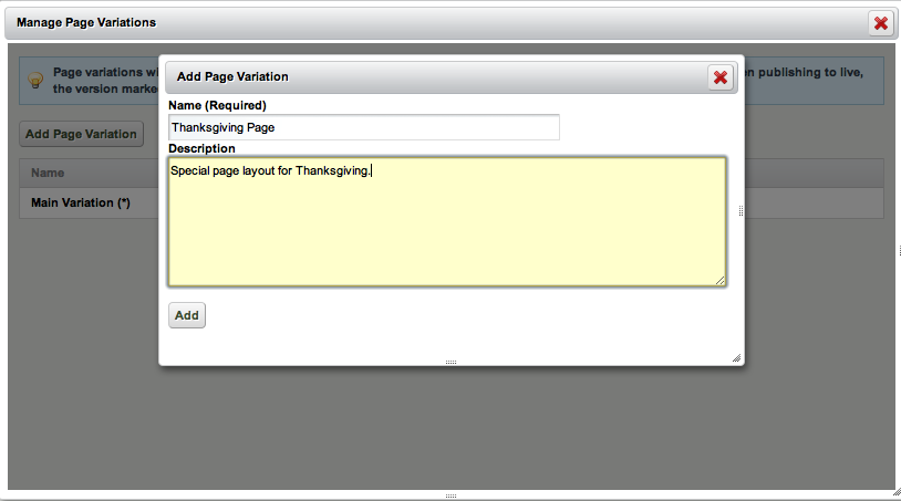 Figure 3.24: Creating a new Page Variation