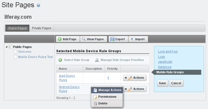 Figure 3.30: You can select a mobile device rule group to apply for a site or
page from the Site Pages section of the Control
Panel.