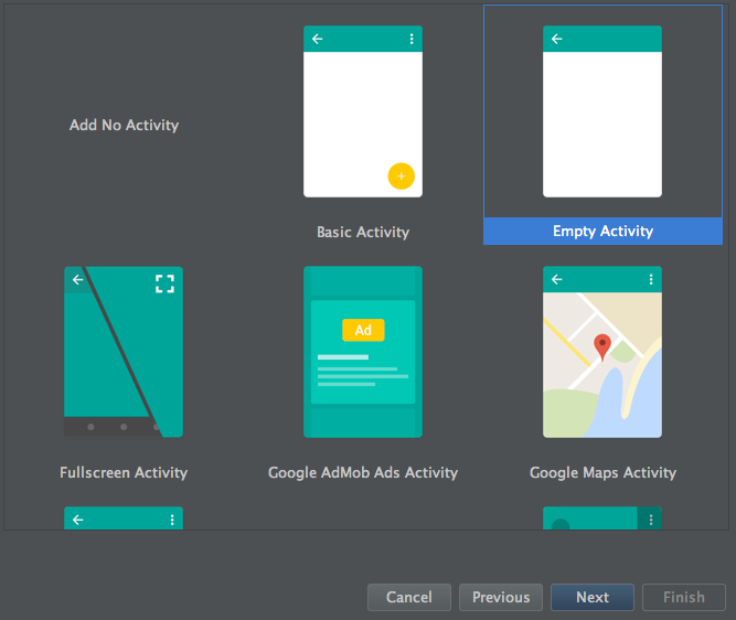 Figure 3: The third screen of Android Studios Create New Project wizard lets you specify an activity for your app.