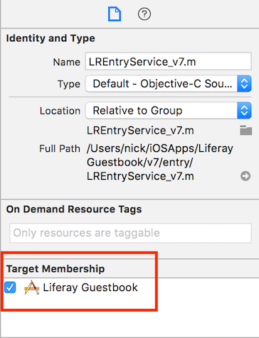Figure 6: Each *.m file in the Guestbook Mobile SDK must be part of the Liferay Guestbook target.
