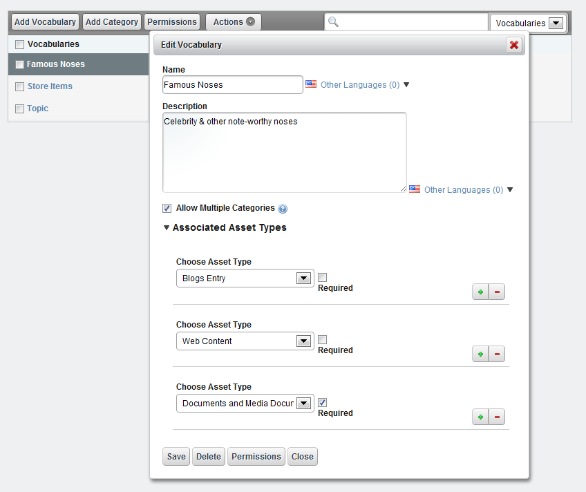 Figure 5.4: You can target vocabularies by checking the Allow Multiple
Categories checkbox and then selecting the
Asset Types.