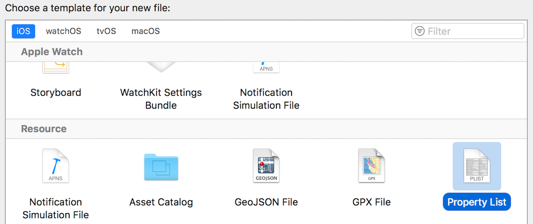 Figure 10: Use the Property List template to create a new plist file.
