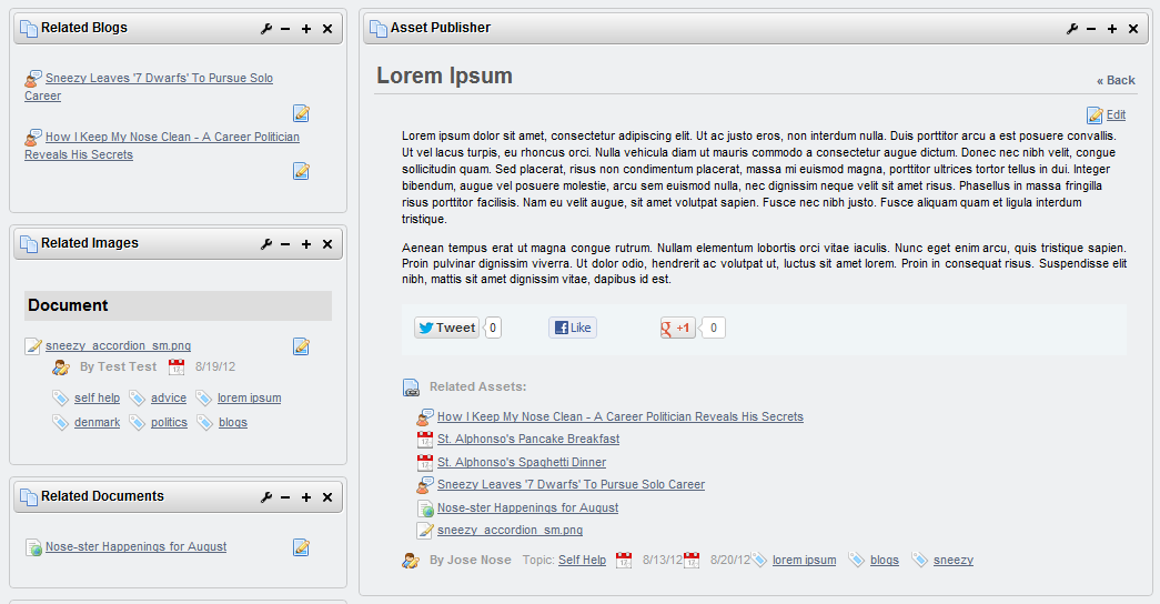 Figure 5.17: Select an asset in the Asset Publisher to see its related assets
displayed in the Related Assets
portlet.