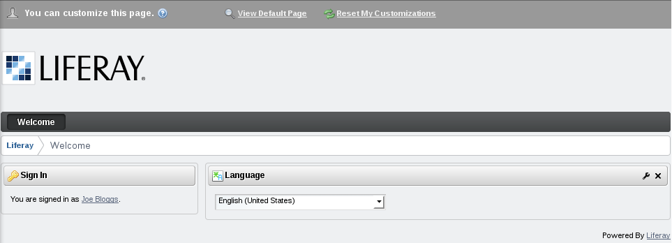 Figure 6.4: In this example, Joe Bloggs removed the Hello World portlet, added
the Language portlet, and changed the display style from icons to a select
box.