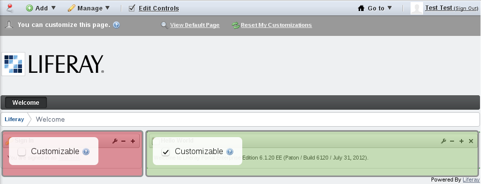 Figure 6.2: Check one or more of the Customizable boxes to allow site
members to customize certain sections of the
page.