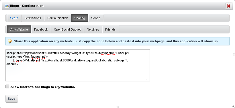 Figure 7.12: Sharing Tab of the Portlet Configuration Dialog
Box