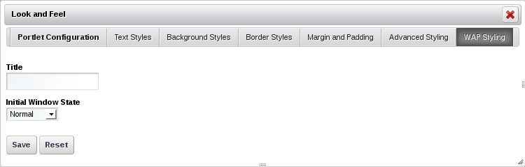 Figure 7.7: The WAP Styling tab lets you enter a custom portlet title to be
displayed to devices making page requests via WAP; it also allows you to
specify an initial window state.