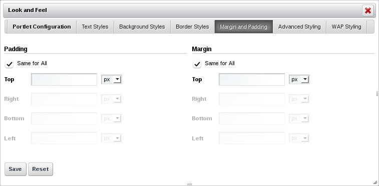 Figure 7.5: The Margin and Padding tab allows you to specify margin and
paddings lengths for the sides of your
portlet.