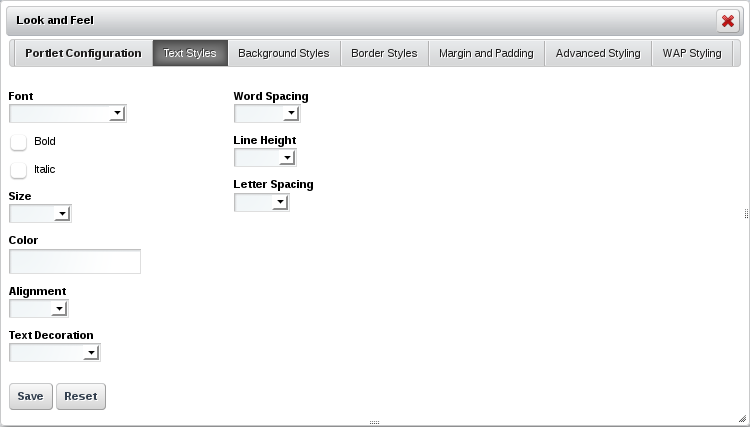 Figure 7.2: The Text Styles tab lets you configure the format of the text
that appears in the portlet.