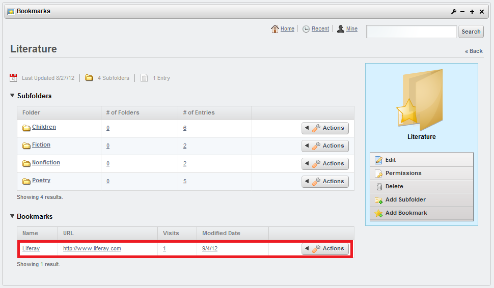 Figure 12.5: When you move a link to a folder, it remains in the bookmarks section until its moved into a subfolder.