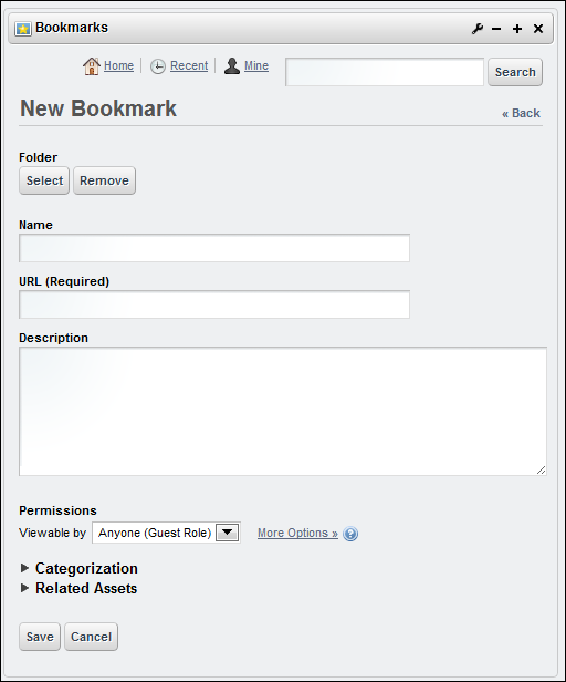 Figure 12.10: When you use the Add Bookmark form, you must enter a valid URL in the required field.