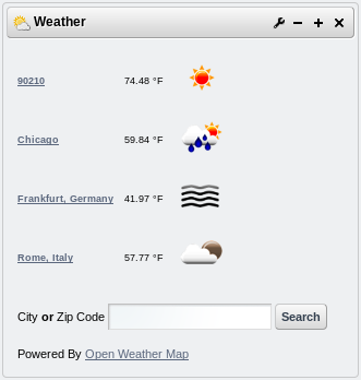 Liferays Weather portlet displays basic weather-related information (temperature, conditions) for multiple configurable locations.