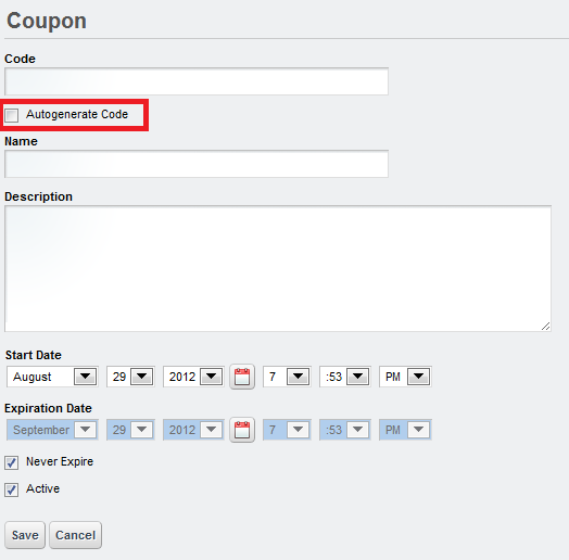 Figure 12.28: Create a coupon code automatically when you select the Autogenerate Code box.