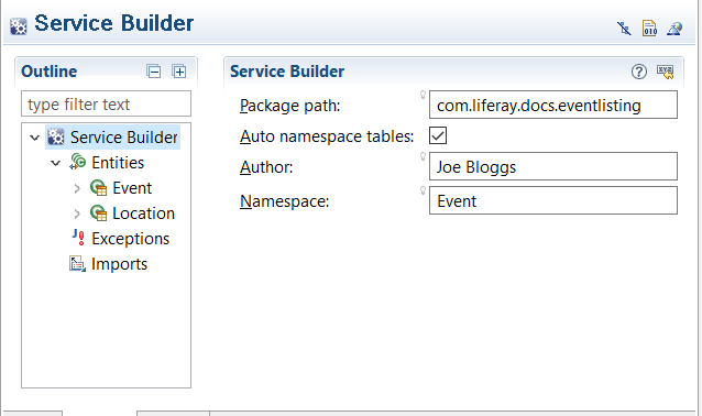 Figure 1: This is the Service Builder form from a fictitious Event Listing applications service.xml.