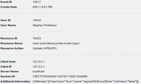 Figure 17.3: Clicking an event in the list shows the details of that event.
This event shows it mustve been Stephen Professors first time logging into the
site, because hes accepting the terms of use.