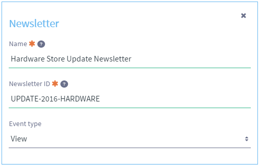Figure 1: The sample Newsletter metric requires the newsletter name, ID, and event type.