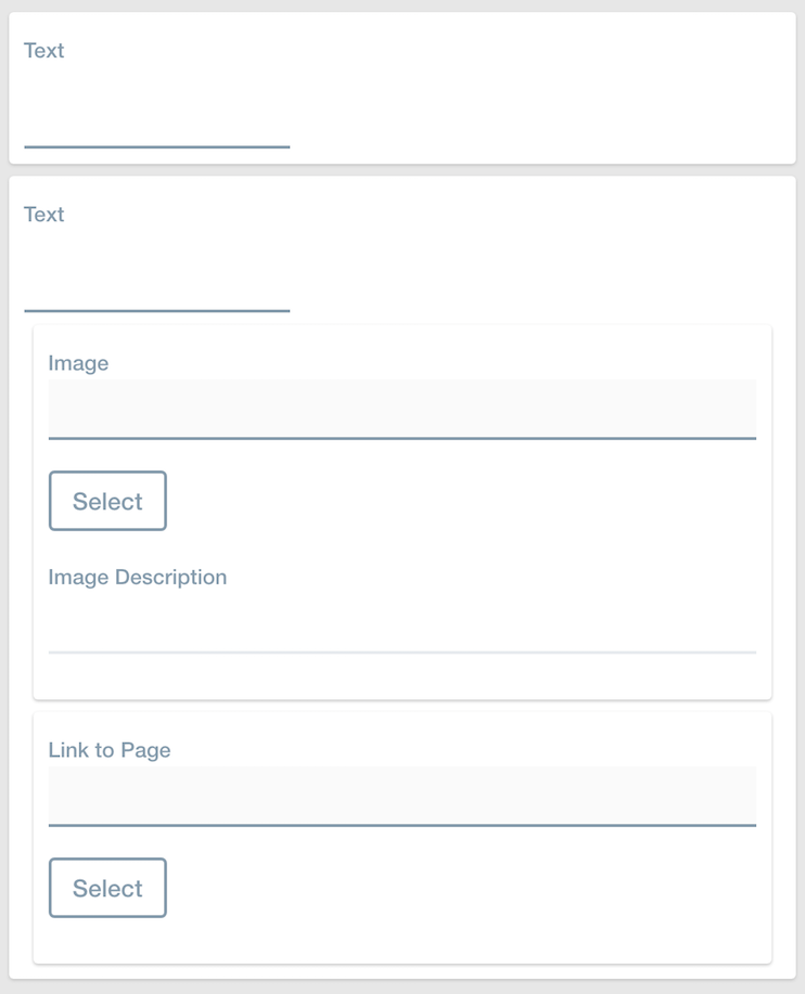 Figure 3: The canvas should look like this after you add the Text, Image, and Link to Page fields. Note that the Image and Link to Page fields are nested in the second Text field.