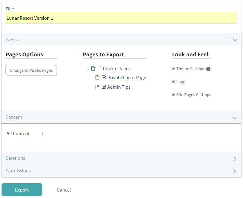 Figure 1: You can configure your export options manually by selecting pages, content, and permissions.
