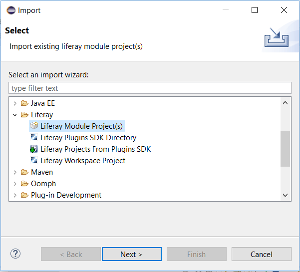 Figure 4: Select the Liferay Module Project(s) to import a module project.