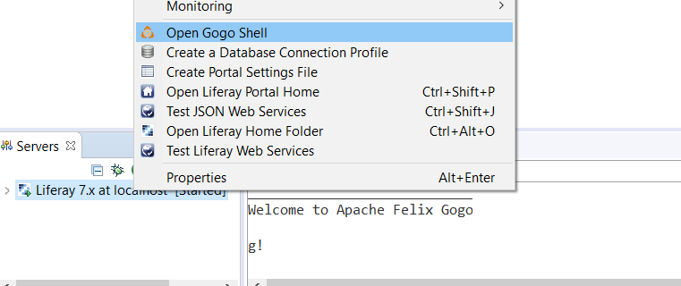 Figure 1: Select Open Gogo Shell to open a terminal window in Dev Studio using Gogo shell.