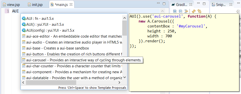 Figure 3: Dev Studio gives you access to AUI code templates in the JS and JSP editors.