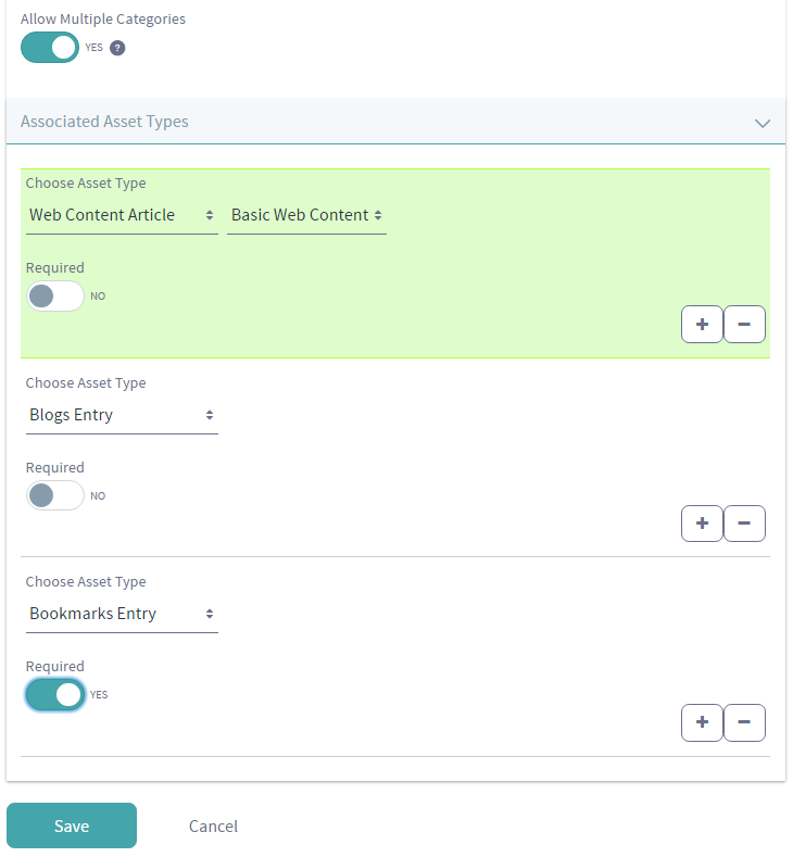 Figure 4: You can target vocabularies by checking the Allow Multiple Categories selector and then selecting the Asset Types.