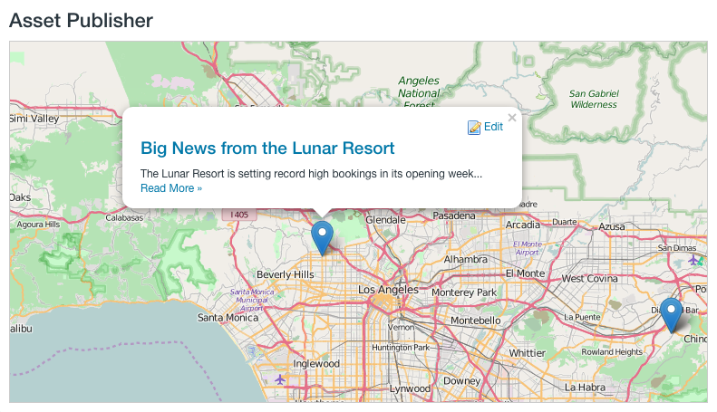 Figure 5: The Asset Publisher can display your geolocated assets on a map.