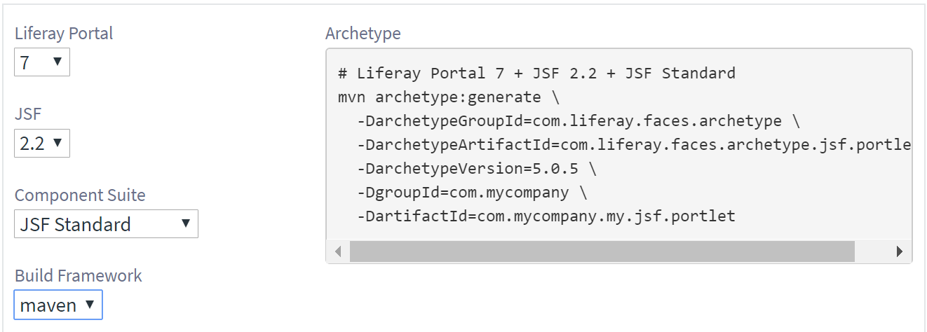 Figure 1: You can select the Liferay Portal version, JSF version, and component suite for your archetype generation command.