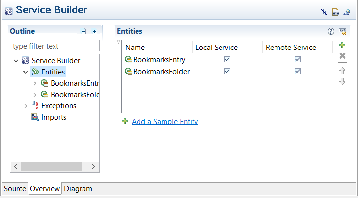 Figure 1: Adding service entities in your service.xml file is easy with Liferay Dev Studio DXPs Overview mode.