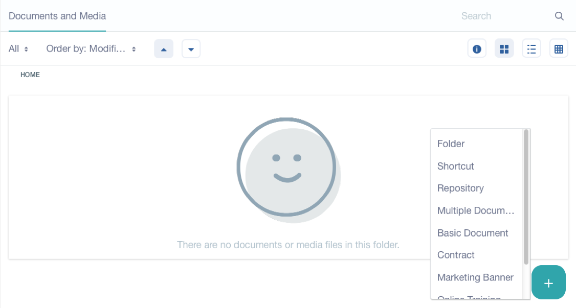 Figure 2: The Documents and Medias Home folder starts empty. But the Add menu lets you upload and add all kinds of documents to the library.