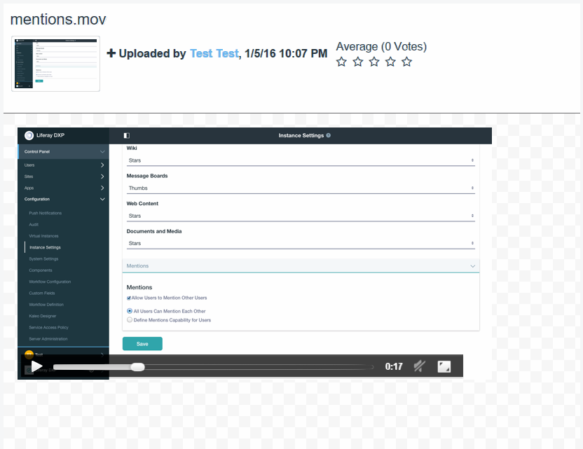 Figure 7: By leveraging services like Xuggler and ImageMagick, you can watch a video clip or even view a slideshow inside Liferay DXPs Documents and Media app.