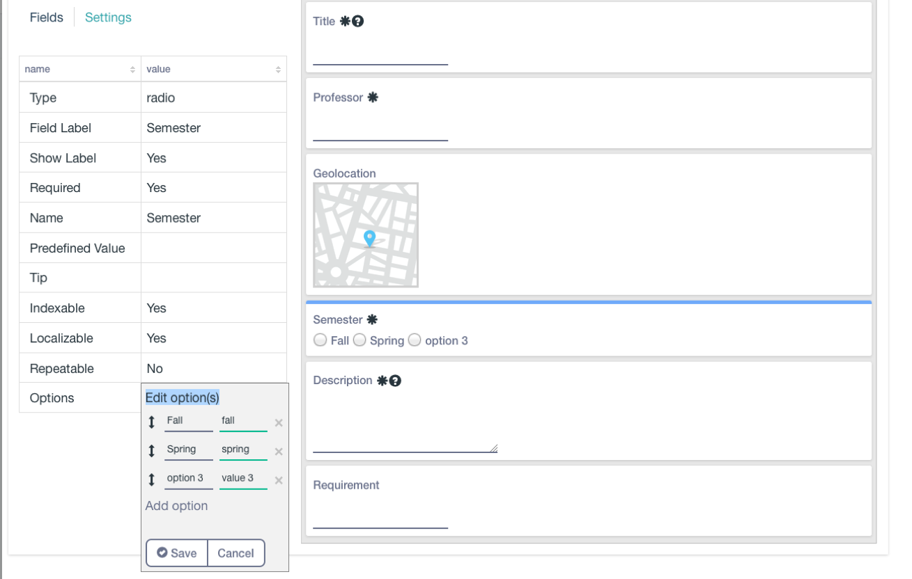 Figure 2: The metadata fields editor for Metadata Sets and a Document Types Main Metadata Fields helps you define custom document types.