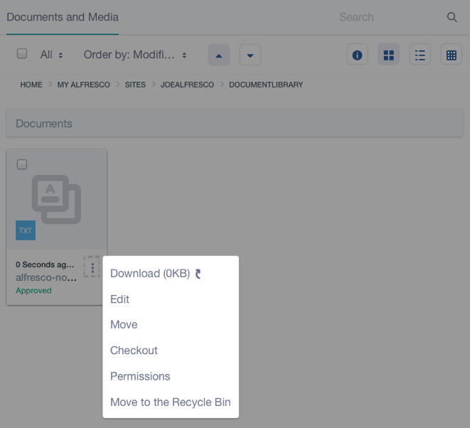 Figure 3: Documents and Media lets you perform CMIS supported actions on external repository files.