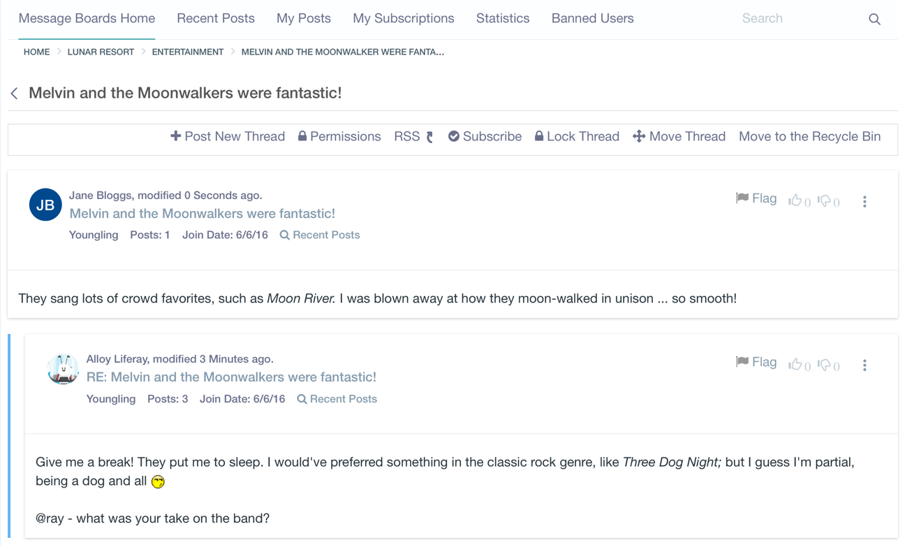 Figure 5: A threads view displays author information and thread content, for the thread and all replies to the thread.