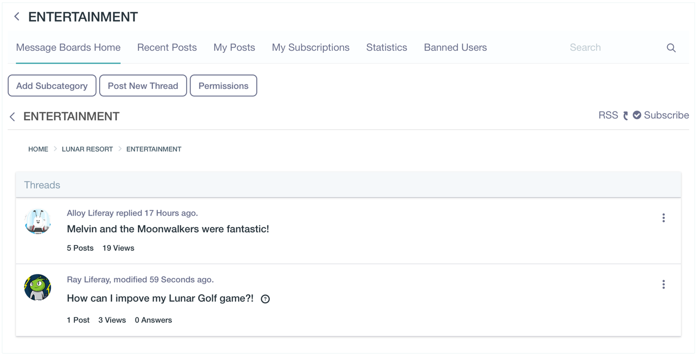 Figure 4: The Message Boards application lets you explore its categories, interact with message threads, and post new messages.