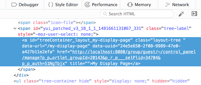 Figure 3: The URL and UUID can be seen in the data-url and data-uuid attributes of the Layout Item Selectors HTML markup.