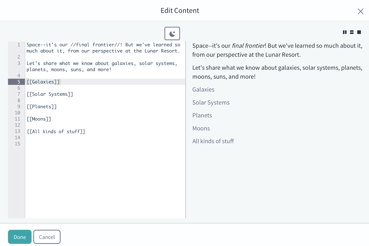 Figure 7: The wiki page source editor has a dual page mode for rendering content as you edit the source text.