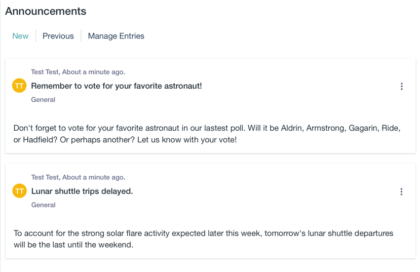 Figure 3: The Announcements app displays a list of announcements to regular users. It also provides administrators with an interface for managing and adding entries.