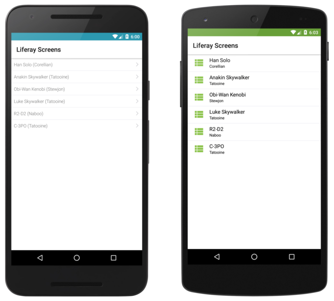 The DDL List Screenlet using the Default and Material Views.