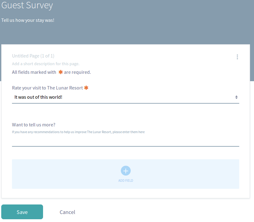 Figure 4: The form builder page lets you preview your form layout, add a page to the form, or add some more fields.