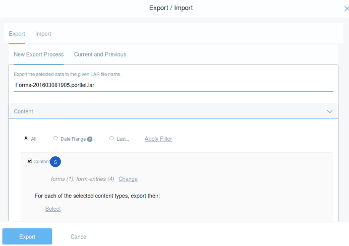 Figure 11: As with other Liferay Apps, you can import or export forms and their entries with a LAR file.