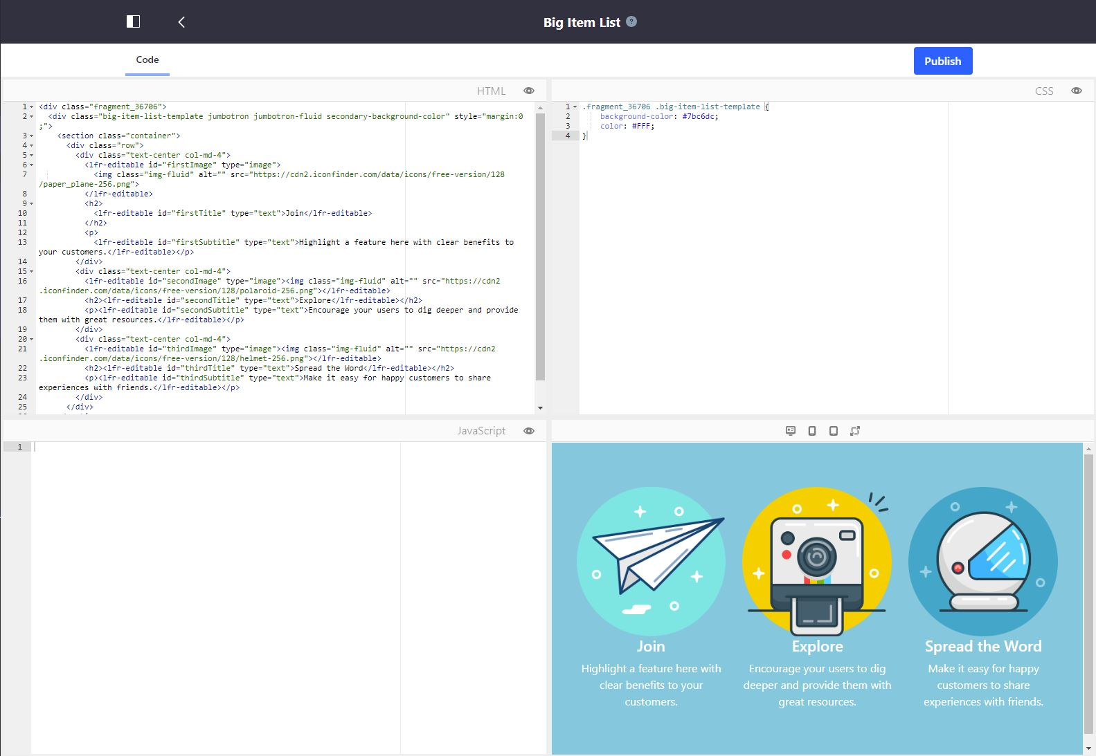 Figure 3: The Fragment editor has a three-pane view for HTML, CSS, and JavaScript, with a preview pane rendering the final result.