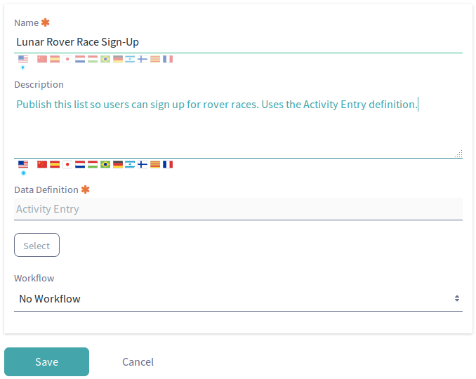 Figure 1: Give your list a name, a description, and select a data definition for the list.