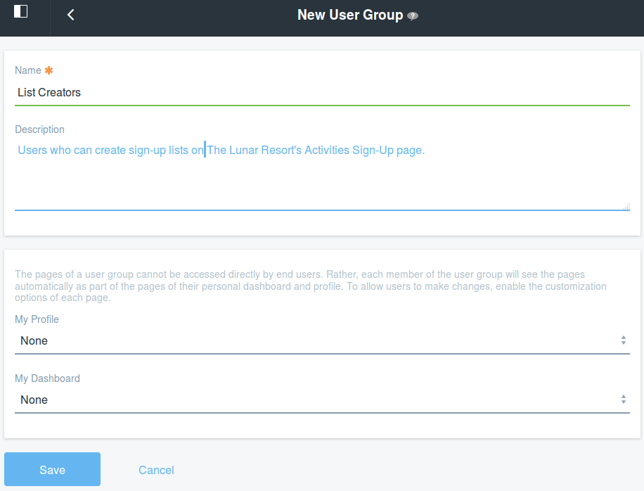 Figure 2: Provide a name and a description for your new User Group.