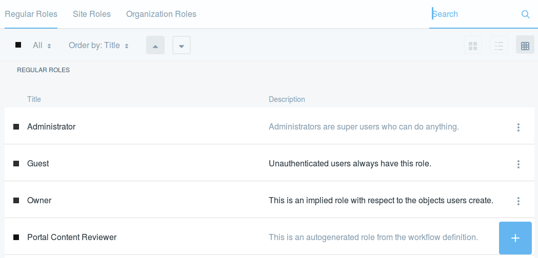 Figure 1: The Roles application lets you add and manage roles for the global (Regular), Site, or Organization scope.