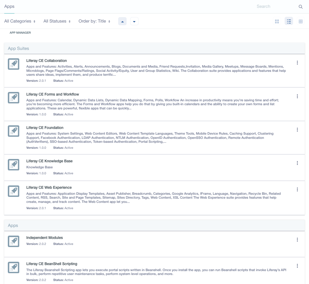 Figure 1: The App Manager lets you manage the app suites and apps installed in your Liferay instance.