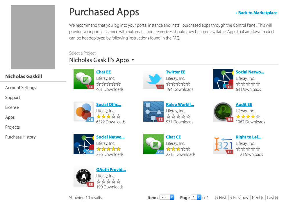 Figure 3: You can manage your purchased apps from your liferay.com accounts homepage.