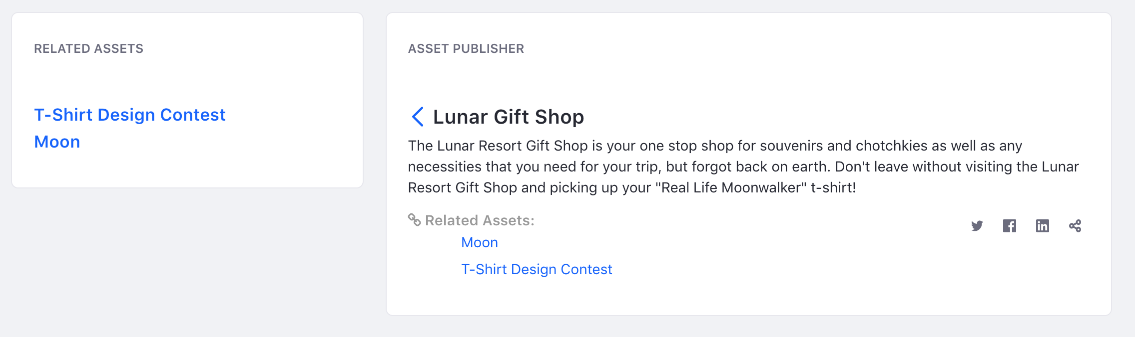 Figure 1: Select an asset in the Asset Publisher to see its related assets displayed in the Related Assets application.