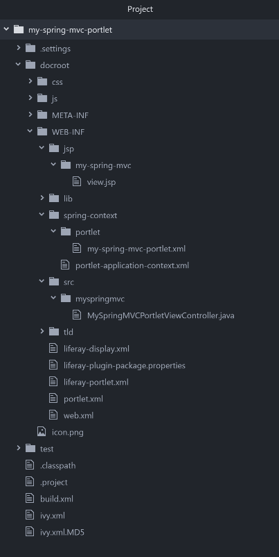 Figure 2: The my-spring-mvc-portlet project has traditional Liferay plugin files, Spring Portlet MVC application contexts (in spring-context/), and a controller class MySpringMVCPortletviewController. 