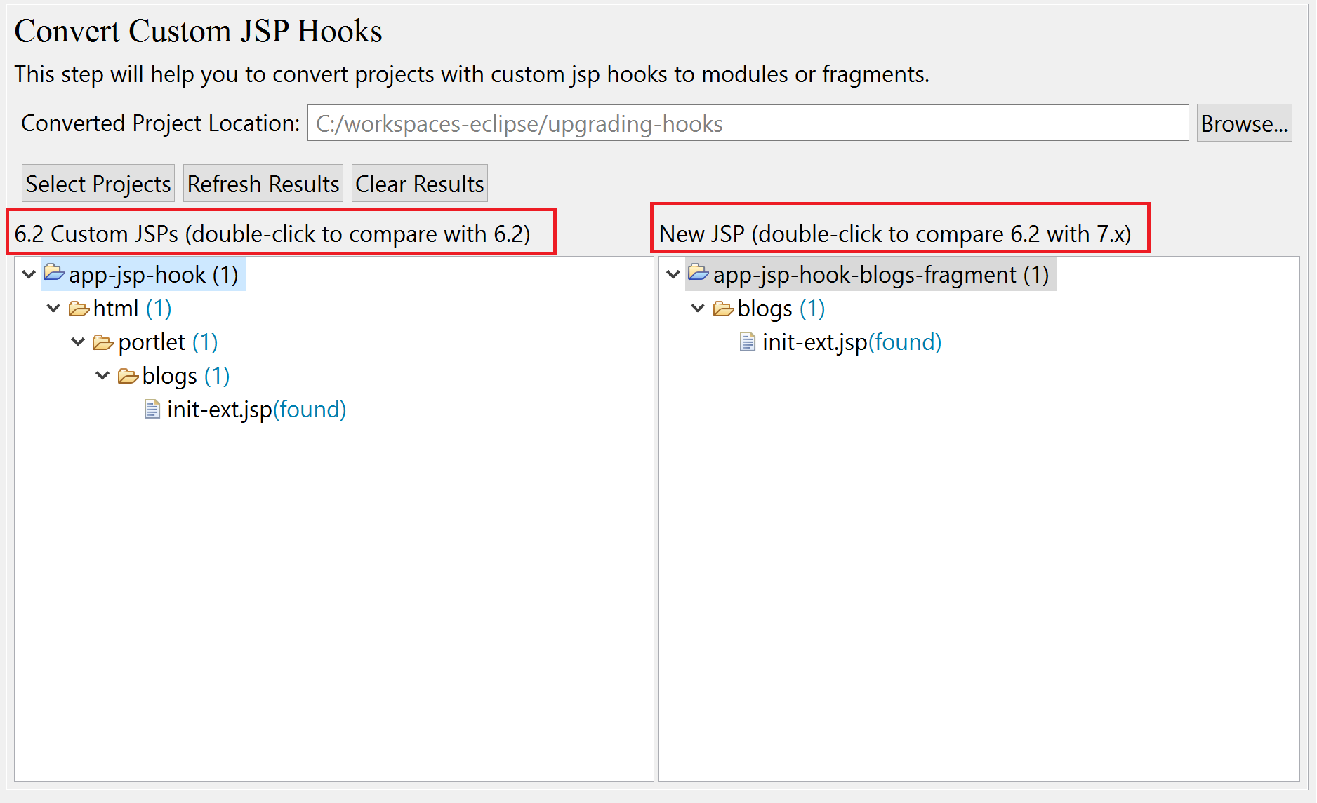 Figure 1: The Upgrade Planner lets you compare custom JSPs with originals.
